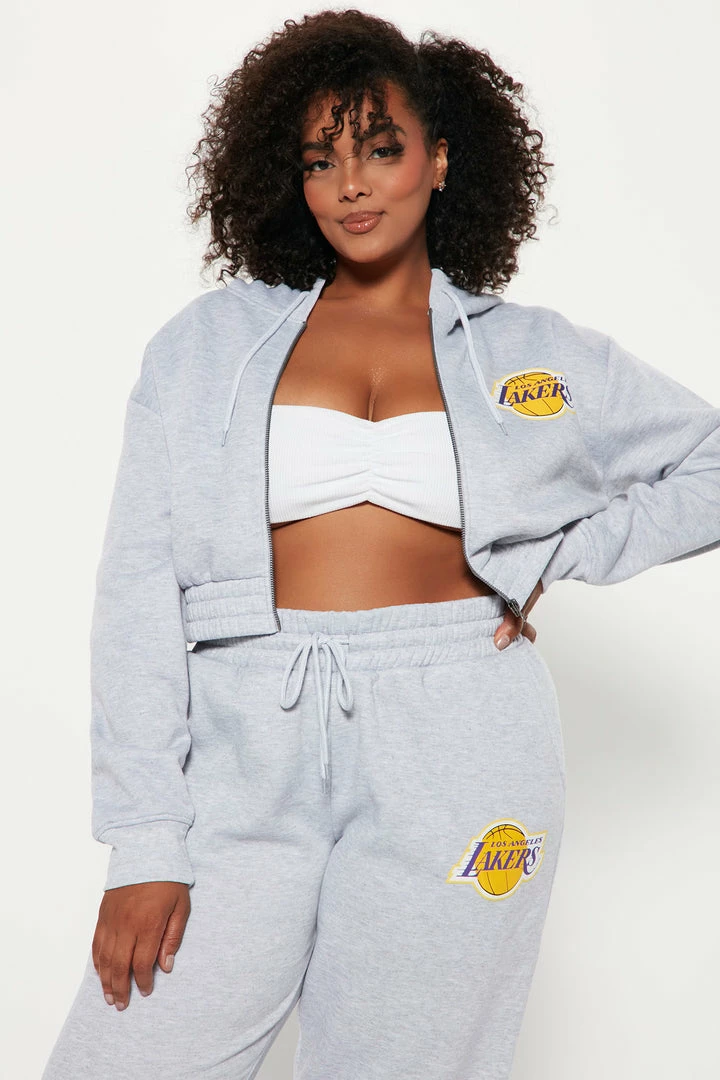 Fashion Nova Lakers Cropped Zip Hoodie - Heather Grey Matching Separates