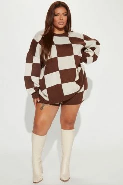 Fashion Nova Check Her Out Sweater Short Set - Brown/combo Sweater Sets