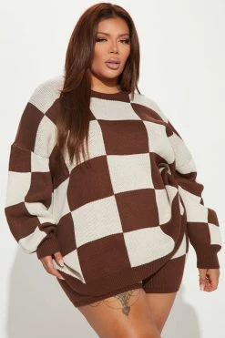 Fashion Nova Check Her Out Sweater Short Set - Brown/combo Sweater Sets