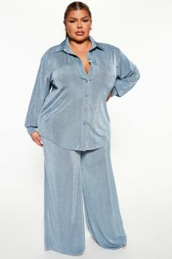 Fashion Nova Sweet In Slinky Pant Set - Slate Blue Wide Leg Sets