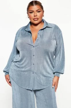 Fashion Nova Sweet In Slinky Pant Set - Slate Blue Wide Leg Sets