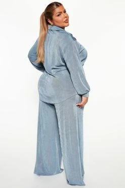 Fashion Nova Sweet In Slinky Pant Set - Slate Blue Wide Leg Sets