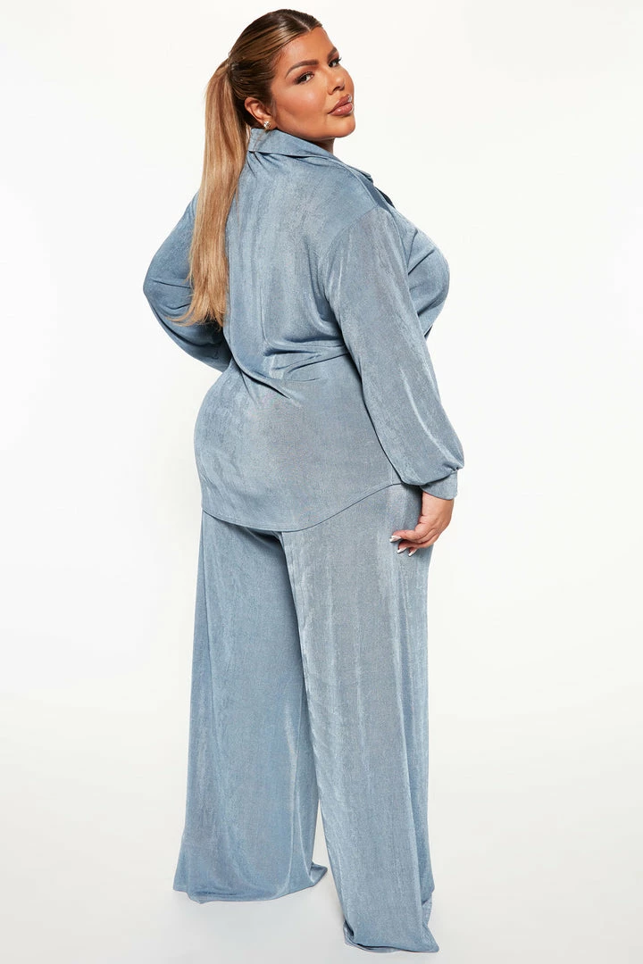Fashion Nova Sweet In Slinky Pant Set - Slate Blue Wide Leg Sets