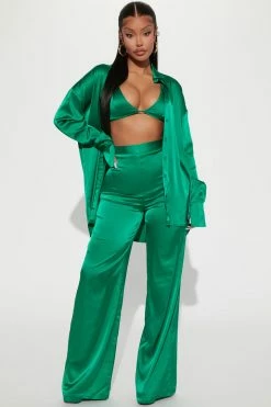 Fashion Nova Sexy In Satin 3 Piece Pant Set - Green