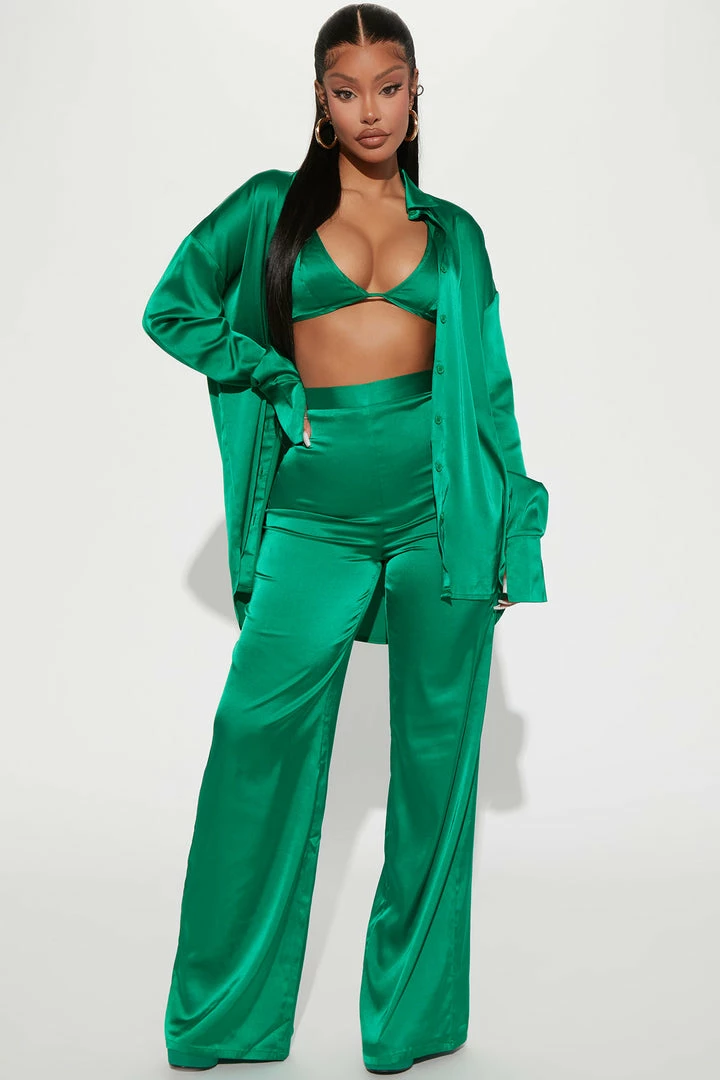 Fashion Nova Sexy In Satin 3 Piece Pant Set - Green