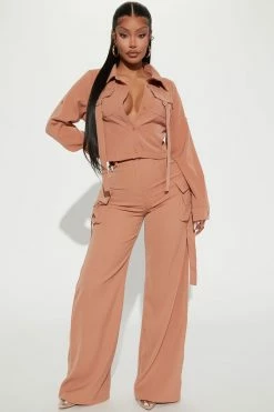 Fashion Nova Wide Leg Sets I've Arrived Cargo Pant Set - Camel
