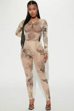 Fashion Nova Like A Tattoo Mesh Legging Set - Nude/combo