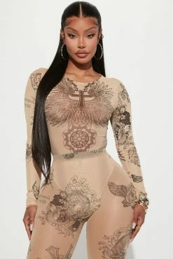 Fashion Nova Like A Tattoo Mesh Legging Set - Nude/combo