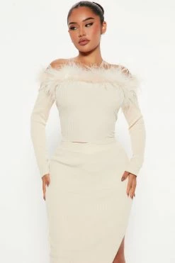 Fashion Nova Sweater Sets Queen B Feather Skirt Set - Cream
