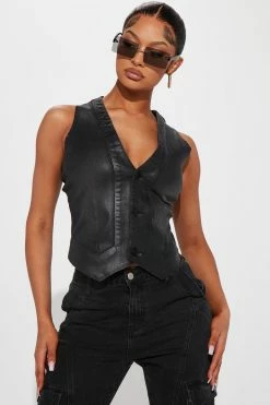 Fashion Nova Ride Out Coated Denim Vest - Black