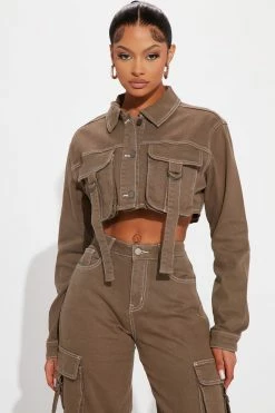 Fashion Nova Love Hurts Cargo Denim Jacket - Olive