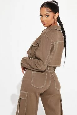 Fashion Nova Love Hurts Cargo Denim Jacket - Olive