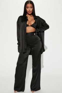Fashion Nova Wide Leg Sets Sexy In Satin 3 Piece Pant Set - Black