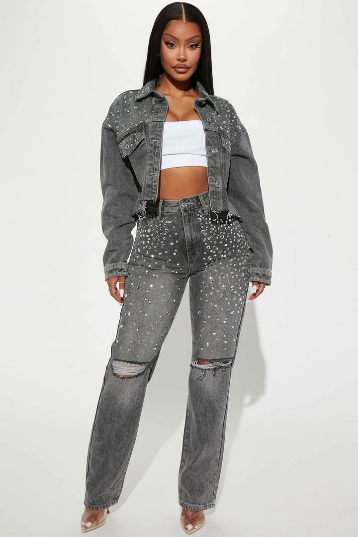 Fashion Nova Razzle Dazzle Embellished Denim Jacket - Grey Matching Separates