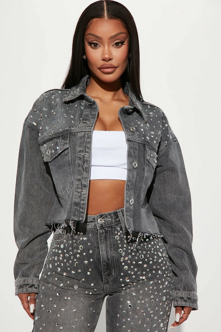 Fashion Nova Razzle Dazzle Embellished Denim Jacket - Grey Matching Separates