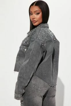 Fashion Nova Razzle Dazzle Embellished Denim Jacket - Grey Matching Separates