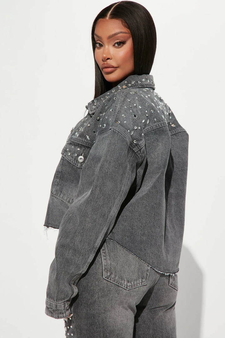 Fashion Nova Razzle Dazzle Embellished Denim Jacket - Grey Matching Separates