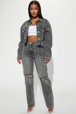 Fashion Nova Razzle Dazzle Embellished Straight Leg Jeans - Grey Matching Separates