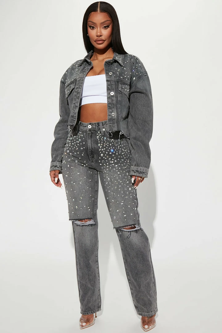Fashion Nova Razzle Dazzle Embellished Straight Leg Jeans - Grey Matching Separates