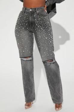 Fashion Nova Razzle Dazzle Embellished Straight Leg Jeans - Grey Matching Separates
