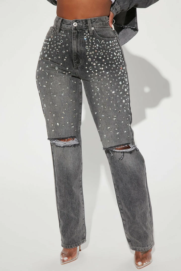 Fashion Nova Razzle Dazzle Embellished Straight Leg Jeans - Grey Matching Separates
