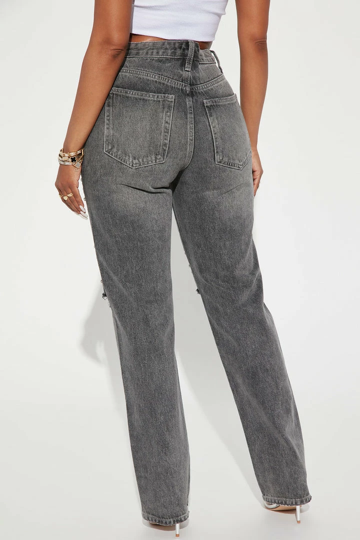 Fashion Nova Razzle Dazzle Embellished Straight Leg Jeans - Grey Matching Separates