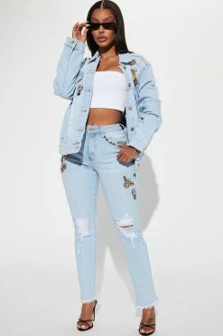 Fashion Nova Matching Separates She's So Cutesy Embellished Denim Jacket - Light Blue Wash