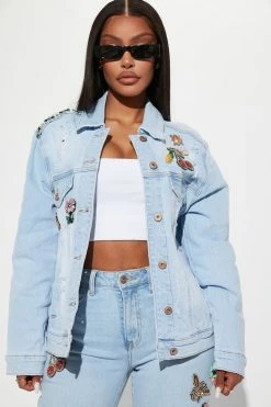 Fashion Nova Matching Separates She's So Cutesy Embellished Denim Jacket - Light Blue Wash