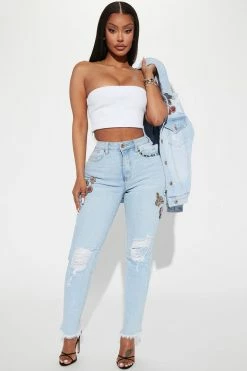 Fashion Nova She's So Cutesy Embellished Mom Jeans - Light Blue Wash Matching Separates