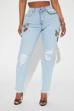 Fashion Nova She's So Cutesy Embellished Mom Jeans - Light Blue Wash Matching Separates