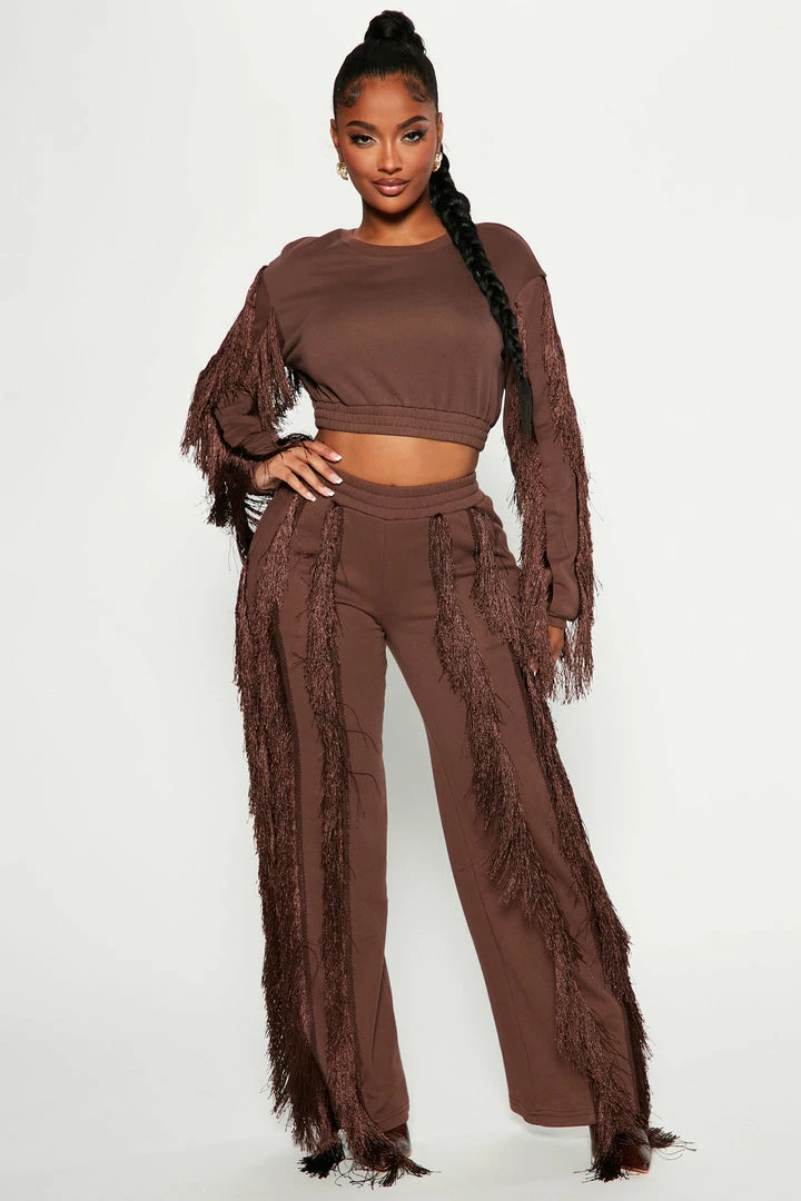 Fashion Nova Just Shake It Fringe Jogger - Chocolate Matching Separates