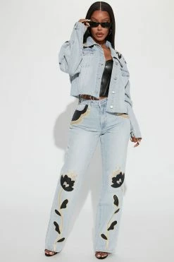 Fashion Nova Charley PU Patch Denim Trucker Jacket - Light Wash Matching Separates