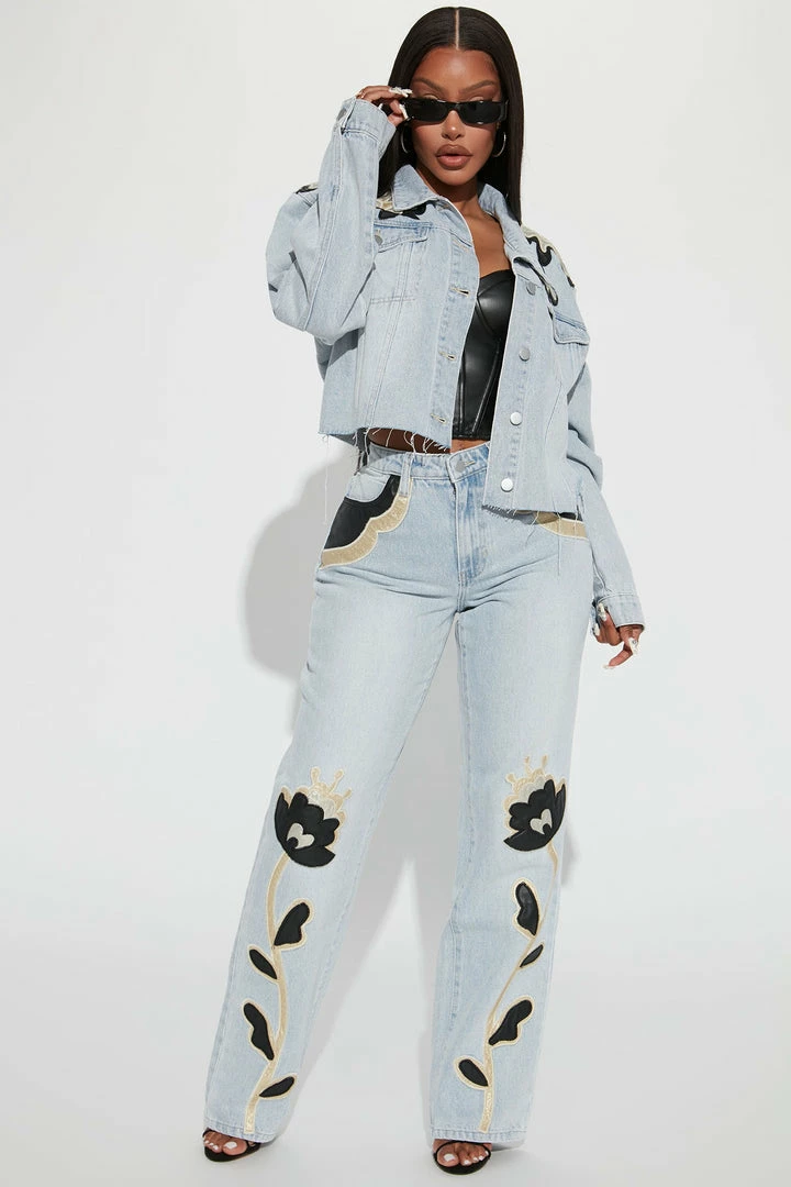 Fashion Nova Charley PU Patch Denim Trucker Jacket - Light Wash Matching Separates