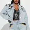 Fashion Nova Charley PU Patch Denim Trucker Jacket - Light Wash Matching Separates