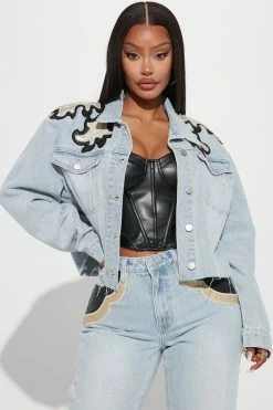 Fashion Nova Charley PU Patch Denim Trucker Jacket - Light Wash Matching Separates