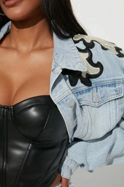 Fashion Nova Charley PU Patch Denim Trucker Jacket - Light Wash Matching Separates