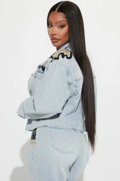 Fashion Nova Charley PU Patch Denim Trucker Jacket - Light Wash Matching Separates