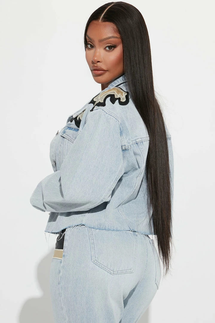 Fashion Nova Charley PU Patch Denim Trucker Jacket - Light Wash Matching Separates