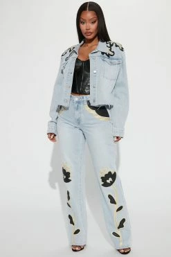 Fashion Nova Charley PU Patch Straight Leg Jeans - Light Wash Matching Separates