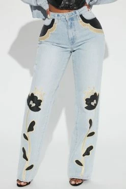 Fashion Nova Charley PU Patch Straight Leg Jeans - Light Wash Matching Separates