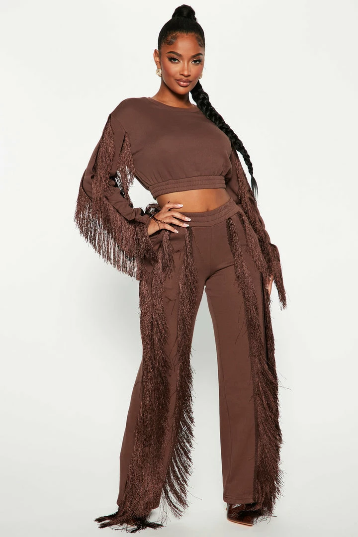 Fashion Nova Just Shake It Fringe Cropped Sweatshirt - Chocolate Matching Separates