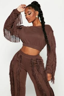 Fashion Nova Just Shake It Fringe Cropped Sweatshirt - Chocolate Matching Separates