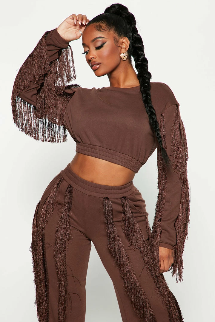 Fashion Nova Just Shake It Fringe Cropped Sweatshirt - Chocolate Matching Separates