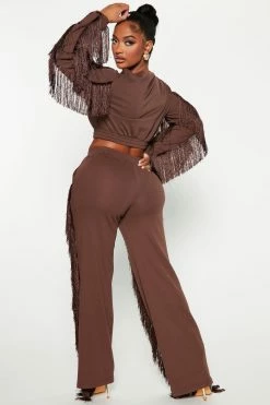 Fashion Nova Just Shake It Fringe Cropped Sweatshirt - Chocolate Matching Separates
