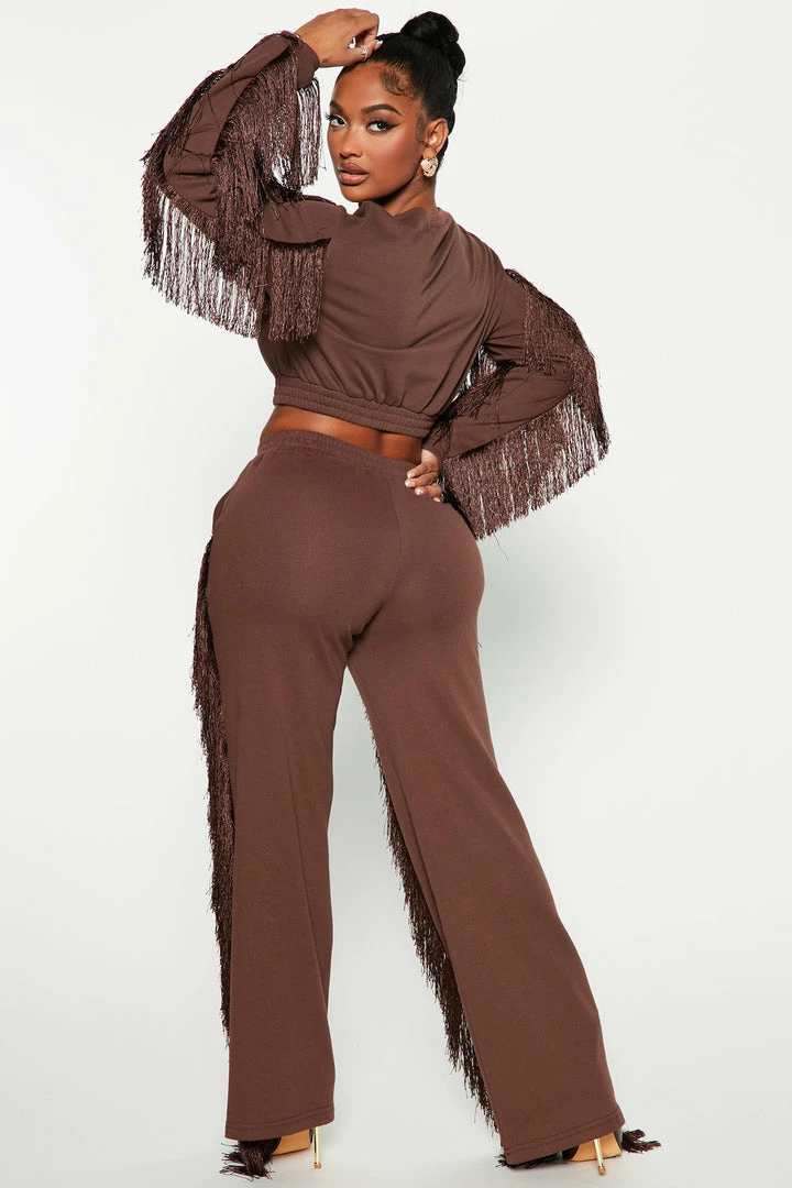 Fashion Nova Just Shake It Fringe Cropped Sweatshirt - Chocolate Matching Separates