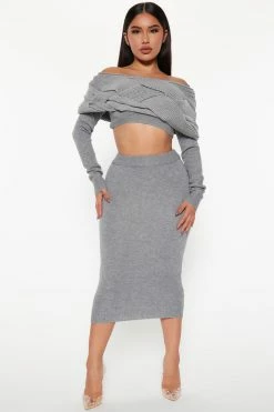 Fashion Nova Sweet Intentions Sweater Skirt Set - Charcoal