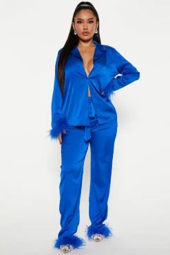 Fashion Nova Secret Desire Satin Feather Pant Set - Royal