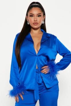 Fashion Nova Secret Desire Satin Feather Pant Set - Royal