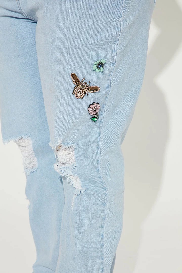 Fashion Nova She's So Cutesy Embellished Mom Jeans - Light Blue Wash Matching Separates