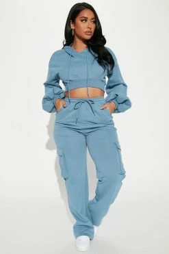 Fashion Nova Chill Days Cargo Pant Set - Blue Wide Leg Sets